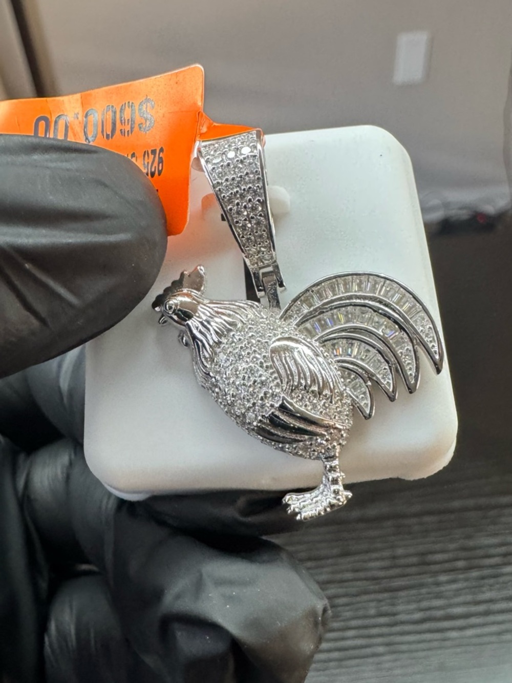 925 Sterling Silver with Rhodium Finish 3.0 CTW Moissanite Rooster Pendant